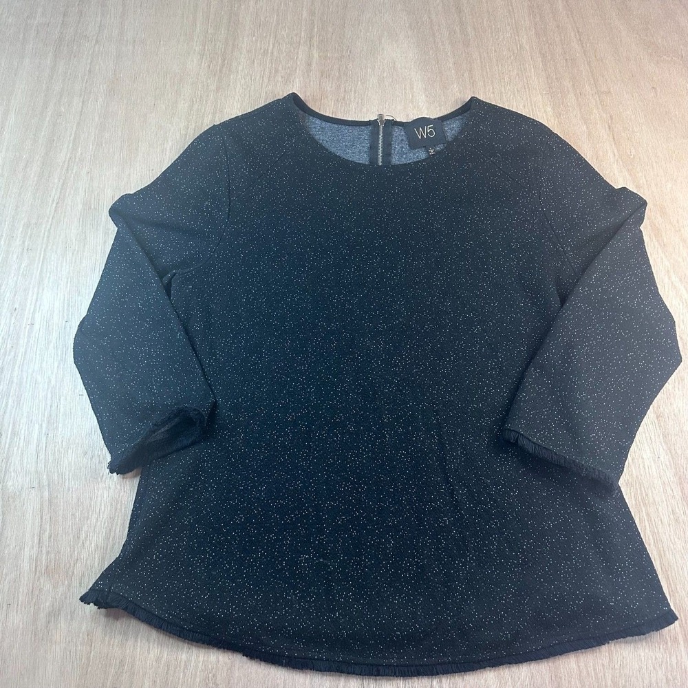 W5 Black Shimmer Sparkle Top Women's Large 3/4 Sleeve Back Zip Party Blouse